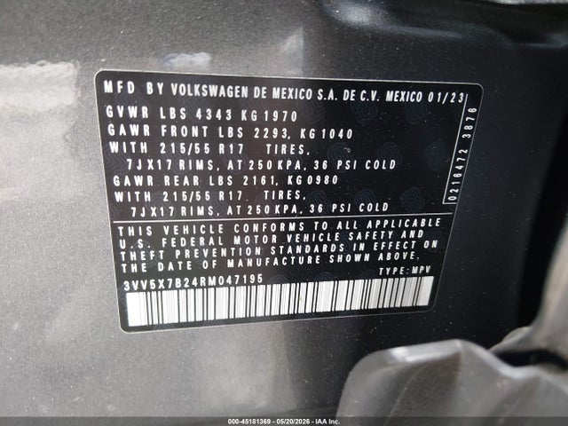 2024 Volkswagen Taos 1.5t S მანქანა იყიდება აუქციონზე, vin: 3VV5X7B24RM047195, აუქციონის ნომერი: 45181369