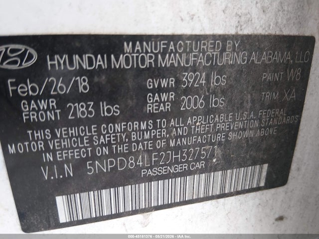 Aukcja sprzedaży 2018 Hyundai Elantra Sel, vin: 5NPD84LF2JH327571, numer aukcji: 45181376