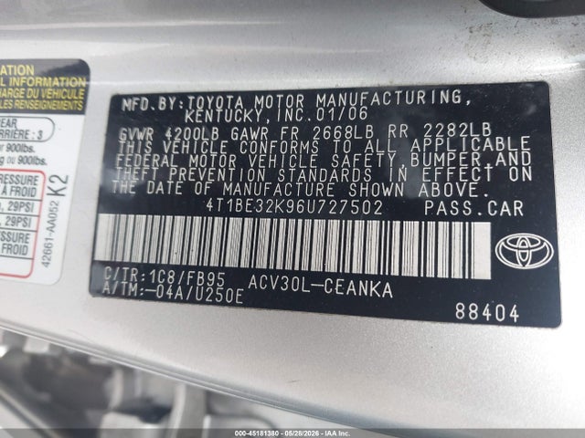 Продаж на аукціоні авто 2006 Toyota Camry Le, vin: 4T1BE32K96U727502, номер лоту: 45181380