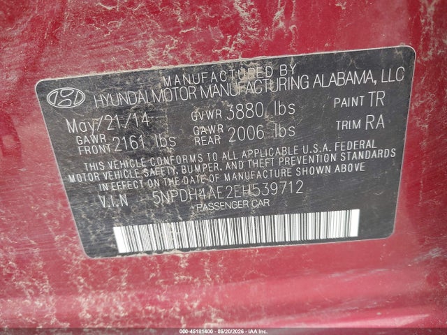 2014 Hyundai Elantra Se მანქანა იყიდება აუქციონზე, vin: 5NPDH4AE2EH539712, აუქციონის ნომერი: 45181400