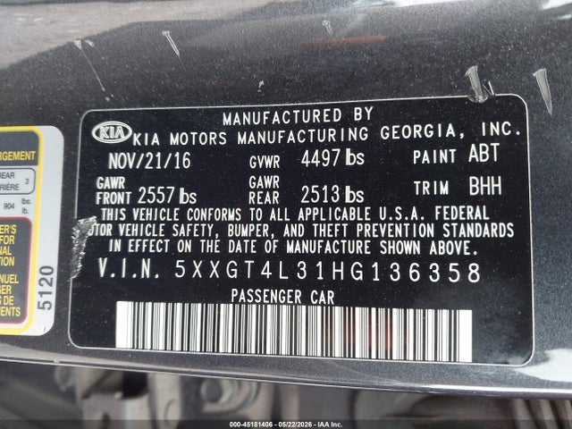 Продаж на аукціоні авто 2017 Kia Optima Lx, vin: 5XXGT4L31HG136358, номер лоту: 45181406