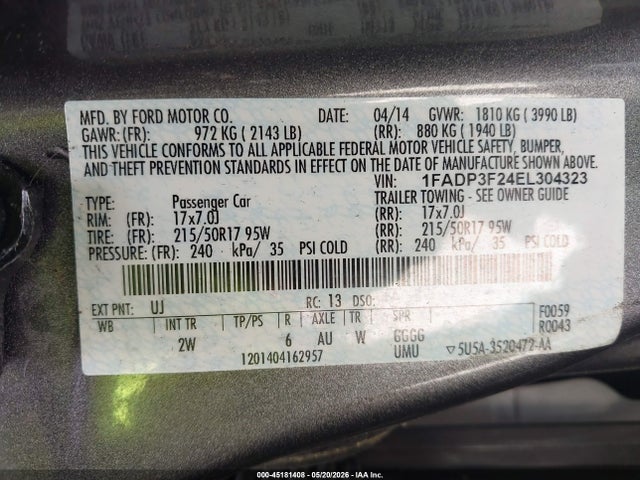 2014 Ford Focus Se მანქანა იყიდება აუქციონზე, vin: 1FADP3F24EL304323, აუქციონის ნომერი: 45181408