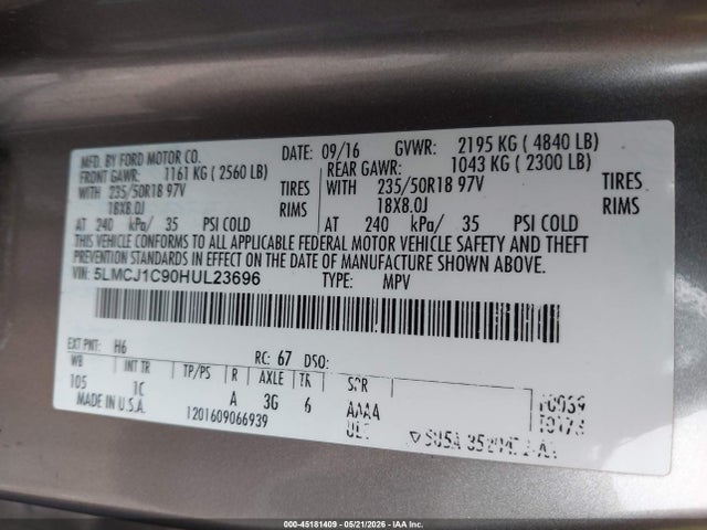 5LMCJ1C90HUL23696 Lincoln Mkc Premiere