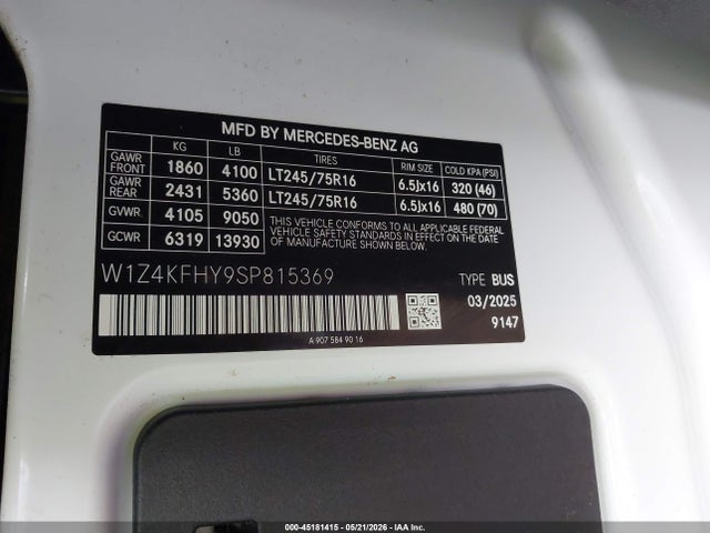 Aukcja sprzedaży 2025 Mercedes-benz Sprinter 2500 Standard Roof 4-cyl Diesel, vin: W1Z4KFHY9SP815369, numer aukcji: 45181415