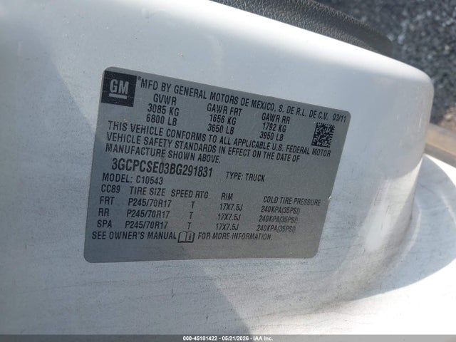 Продажа на аукционе авто 2011 Chevrolet Silverado 1500 Lt, vin: 3GCPCSE03BG291831, номер лота: 45181422