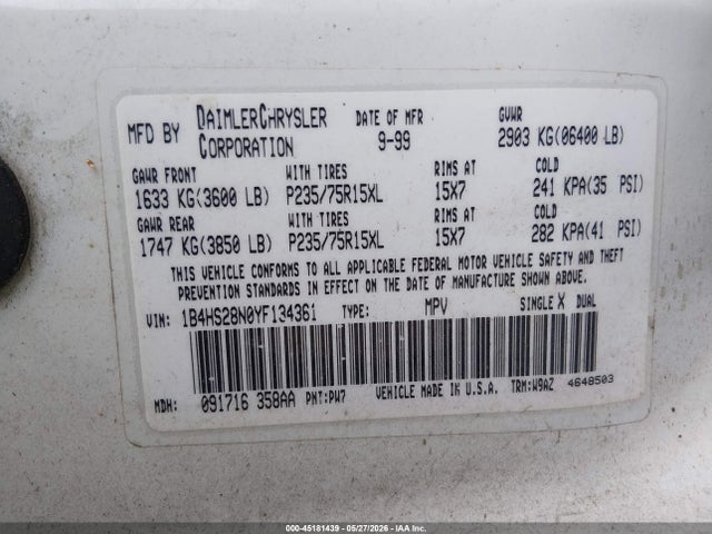 45181439 :رقم المزاد ، 1B4HS28N0YF134361 vin ، 2000 Dodge Durango مزاد بيع
