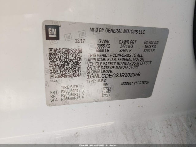45181440 :رقم المزاد ، 1GNLCDEC2JR202356 vin ، 2018 Chevrolet Tahoe Commercial Fleet مزاد بيع