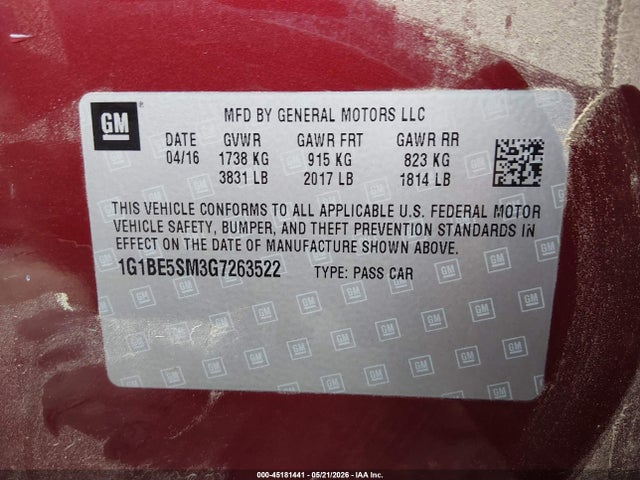 Продаж на аукціоні авто 2016 Chevrolet Cruze Lt Auto, vin: 1G1BE5SM3G7263522, номер лоту: 45181441