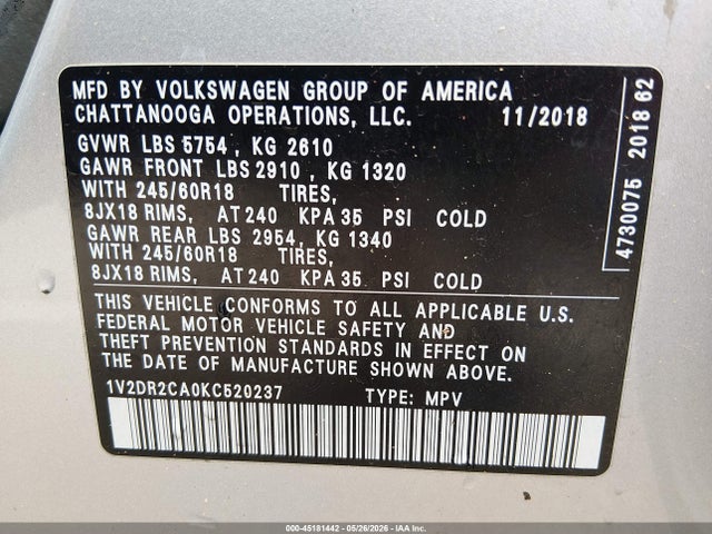 45181442 :رقم المزاد ، 1V2DR2CA0KC520237 vin ، 2019 Volkswagen Atlas 3.6l V6 Se مزاد بيع