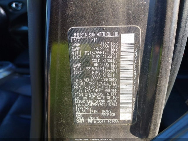 45181457 :رقم المزاد ، JN8AF5MV7CT110783 vin ، 2012 Nissan Juke Sl مزاد بيع