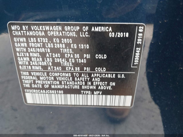 Продажа на аукционе авто 2018 Volkswagen Atlas 3.6l V6 Se, vin: 1V2CR2CA9JC562190, номер лота: 45181458