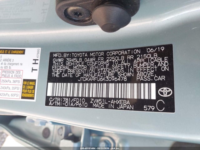45181464 :رقم المزاد ، JTDKARFU6K3096478 vin ، 2019 Toyota Prius Le مزاد بيع