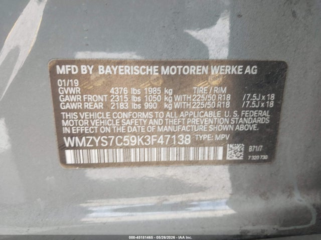 2019 Mini Countryman Cooper მანქანა იყიდება აუქციონზე, vin: WMZYS7C59K3F47138, აუქციონის ნომერი: 45181465