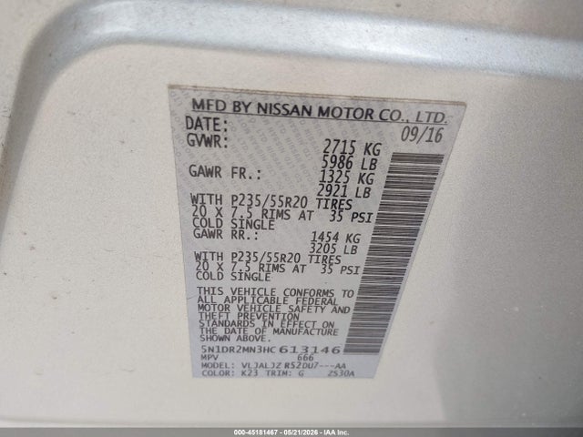 Aukcja sprzedaży 2017 Nissan Pathfinder Platinum, vin: 5N1DR2MN3HC613146, numer aukcji: 45181467