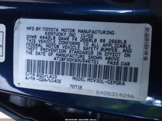 45181489 :رقم المزاد ، 4T1BF30K93U546721 vin ، 2003 Toyota Camry Xle V6 مزاد بيع