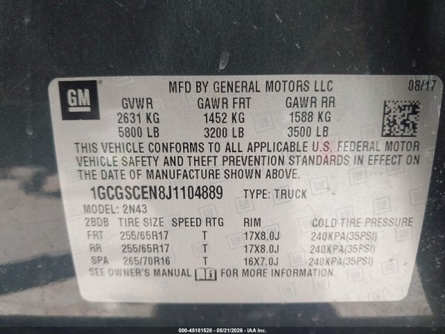 45181528 :رقم المزاد ، 1GCGSCEN8J1104889 vin ، 2018 Chevrolet Colorado Lt مزاد بيع