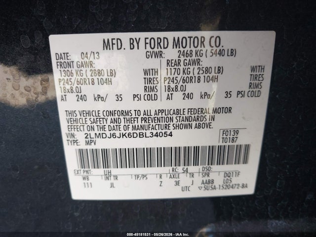 Продажа на аукционе авто 2013 Lincoln Mkx, vin: 2LMDJ6JK6DBL34054, номер лота: 45181531