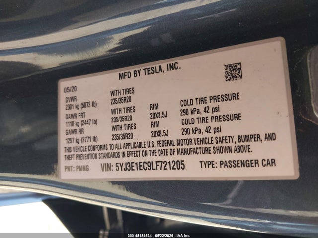 Aukcja sprzedaży 2020 Tesla Model 3 Performance Dual Motor All-wheel Drive, vin: 5YJ3E1EC9LF721205, numer aukcji: 45181534