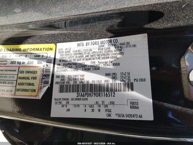 45181537 :رقم المزاد ، 3FA6P0H79DR116512 vin ، 2013 Ford Fusion Se مزاد بيع