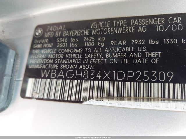 2001 Bmw 740il მანქანა იყიდება აუქციონზე, vin: WBAGH834X1DP25309, აუქციონის ნომერი: 45181549