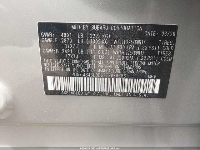 2026 Subaru Forester Premium მანქანა იყიდება აუქციონზე, vin: 4S4SLDD62T3089686, აუქციონის ნომერი: 45181553