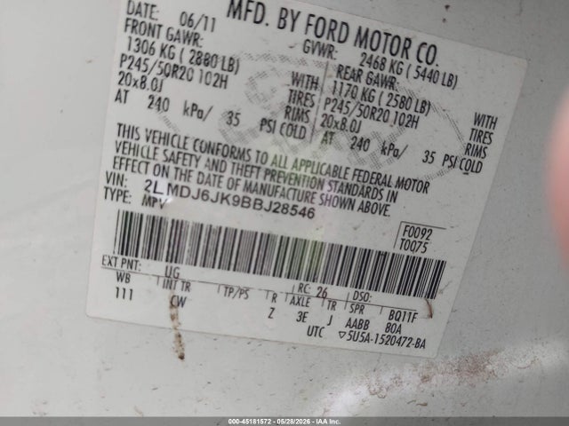 Продаж на аукціоні авто 2011 Lincoln Mkx, vin: 2LMDJ6JK9BBJ28546, номер лоту: 45181572