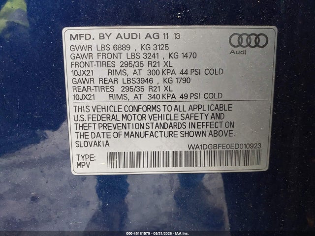 45181579 :رقم المزاد ، WA1DGBFE0ED010923 vin ، 2014 Audi Q7 3.0t S Line Prestige مزاد بيع