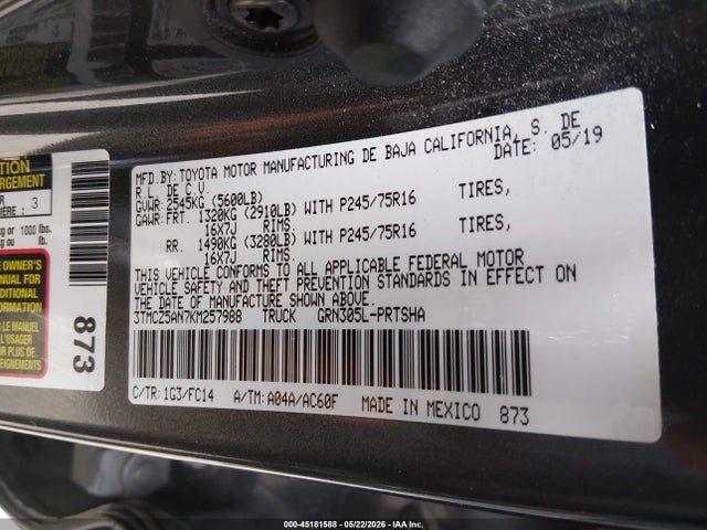 Aukcja sprzedaży 2019 Toyota Tacoma Sr5 V6, vin: 3TMCZ5AN7KM257988, numer aukcji: 45181588