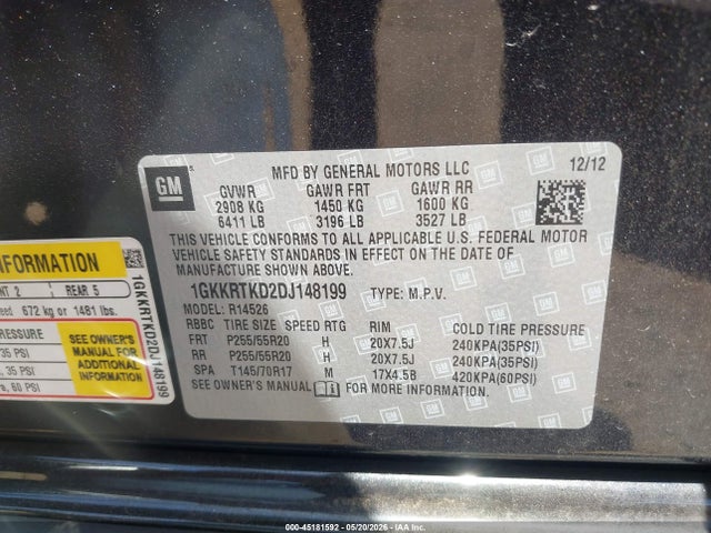 45181592 :رقم المزاد ، 1GKKRTKD2DJ148199 vin ، 2013 Gmc Acadia Denali مزاد بيع