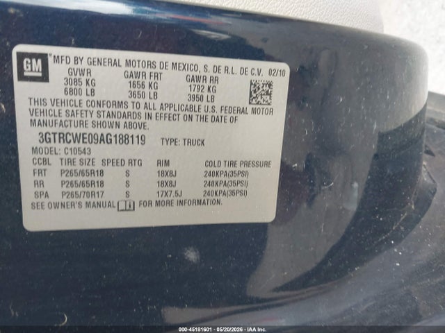 45181601 :رقم المزاد ، 3GTRCWE09AG188119 vin ، 2010 Gmc Sierra 1500 Slt مزاد بيع