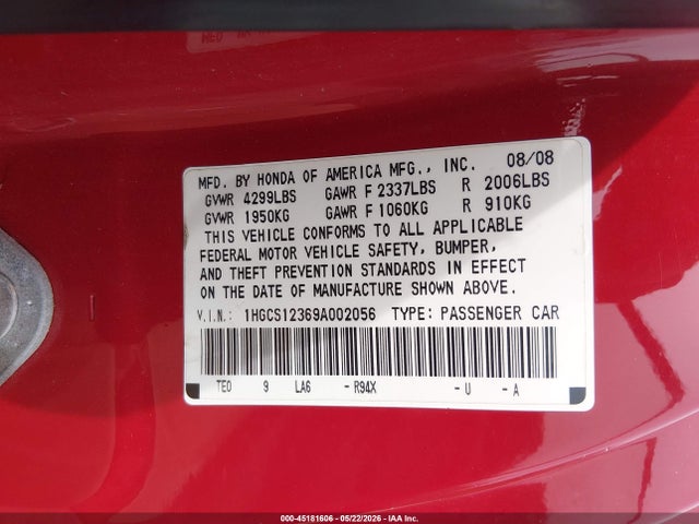 2009 Honda Accord 2.4 Lx-s მანქანა იყიდება აუქციონზე, vin: 1HGCS12369A002056, აუქციონის ნომერი: 45181606
