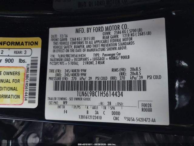 Продаж на аукціоні авто 2017 Lincoln Continental Black Label, vin: 1LN6L9BC1H5614434, номер лоту: 45181611