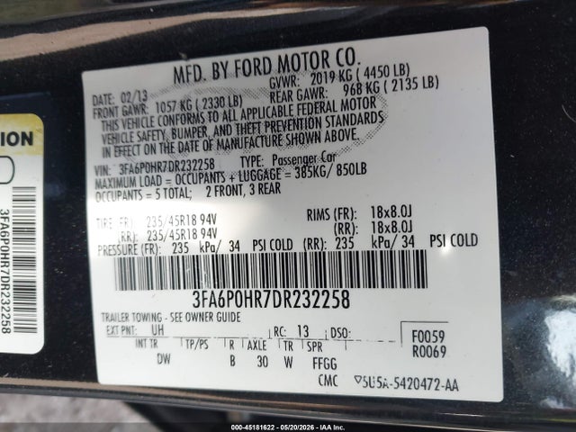 45181622 :رقم المزاد ، 3FA6P0HR7DR232258 vin ، 2013 Ford Fusion Se مزاد بيع
