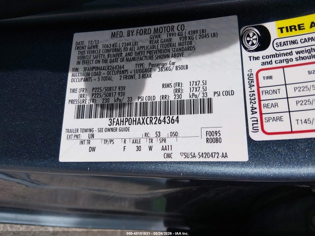 Aukcja sprzedaży 2012 Ford Fusion Se, vin: 3FAHP0HAXCR264364, numer aukcji: 45181631