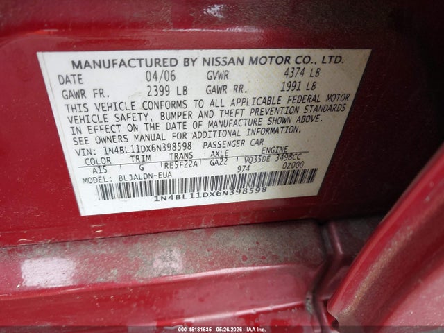 Aukcja sprzedaży 2006 Nissan Altima 3.5 Sl, vin: 1N4BL11DX6N398598, numer aukcji: 45181635