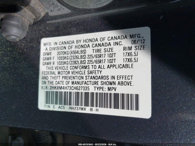 Продажа на аукционе авто 2012 Honda Cr-v Ex-l, vin: 2HKRM4H73CH627335, номер лота: 45181643
