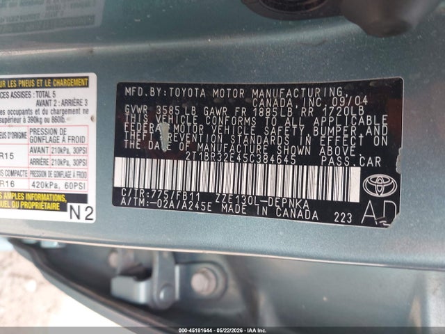 45181644 :رقم المزاد ، 2T1BR32E45C384645 vin ، 2005 Toyota Corolla Le مزاد بيع