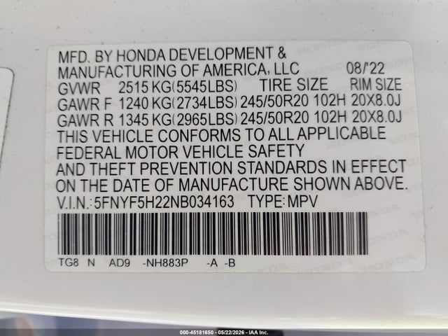 5FNYF5H22NB034163 Honda Pilot 2wd Special Edition