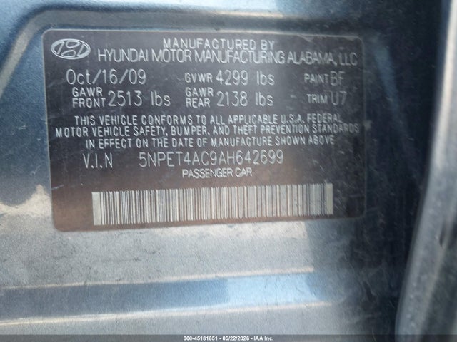 45181651 :رقم المزاد ، 5NPET4AC9AH642699 vin ، 2010 Hyundai Sonata Gls مزاد بيع