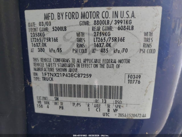 Aukcja sprzedaży 2003 Ford F-250 Lariat/xl/xlt, vin: 1FTNX21P43EC87259, numer aukcji: 45181662