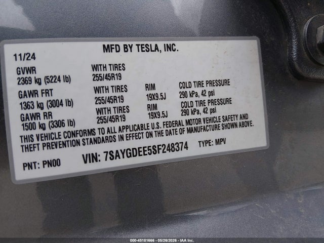 Aukcja sprzedaży 2025 Tesla Model Y Long Range Dual Motor All-wheel Drive, vin: 7SAYGDEE5SF248374, numer aukcji: 45181666