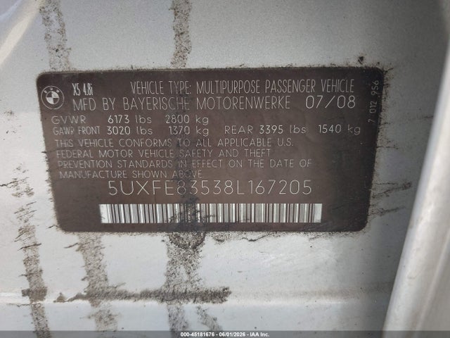 Aukcja sprzedaży 2008 Bmw X5 4.8i, vin: 5UXFE83538L167205, numer aukcji: 45181676