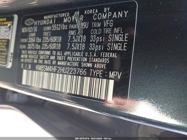 Продаж на аукціоні авто 2017 Hyundai Santa Fe Se, vin: KM8SM4HF2HU223766, номер лоту: 45181679