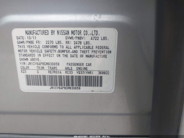 Продаж на аукціоні авто 2012 Infiniti G37 Journey, vin: JN1CV6AP8CM930659, номер лоту: 45181681