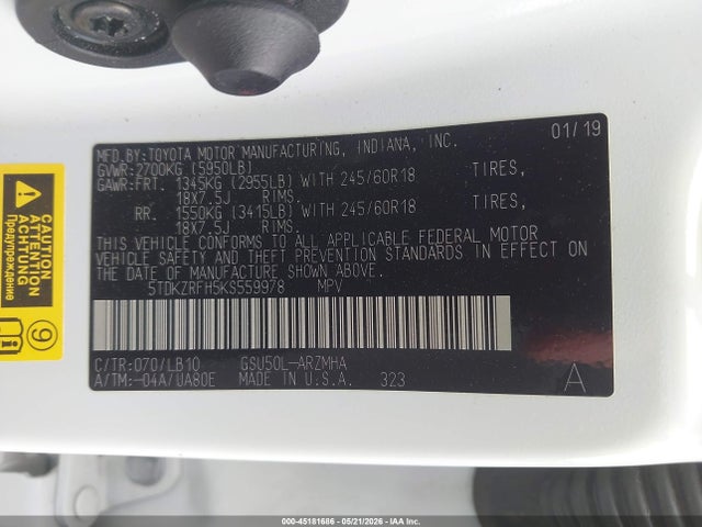 Продажа на аукционе авто 2019 Toyota Highlander Xle, vin: 5TDKZRFH5KS559978, номер лота: 45181686