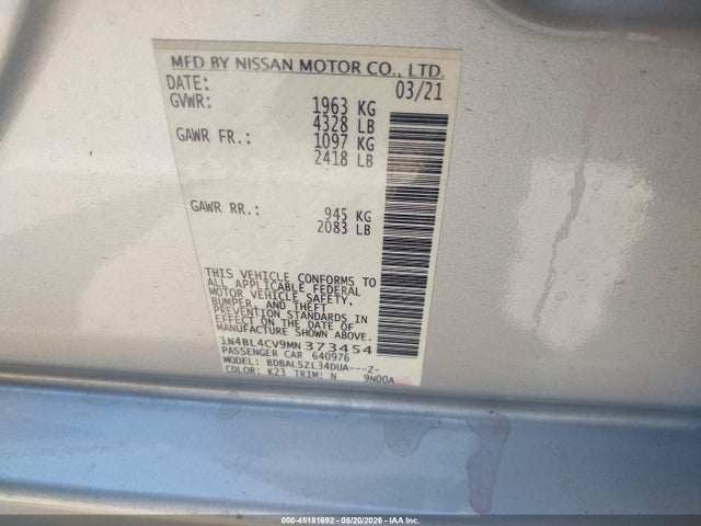 Aukcja sprzedaży 2021 Nissan Altima Sr Fwd, vin: 1N4BL4CV9MN373454, numer aukcji: 45181692