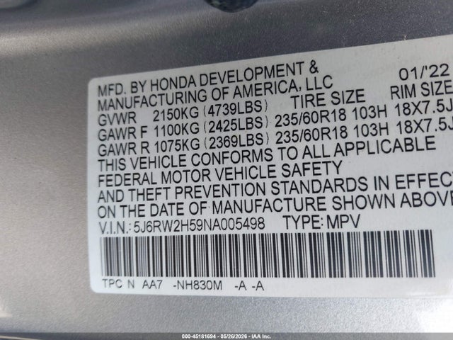 Продаж на аукціоні авто 2022 Honda Cr-v Awd Ex, vin: 5J6RW2H59NA005498, номер лоту: 45181694