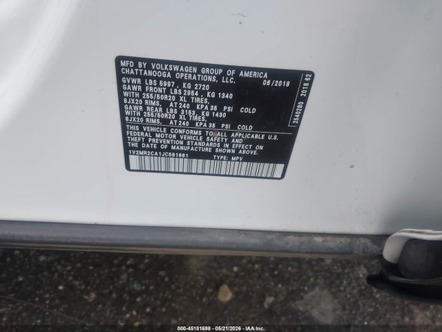 Aukcja sprzedaży 2018 Volkswagen Atlas 3.6l V6 Sel, vin: 1V2MR2CA1JC581661, numer aukcji: 45181698