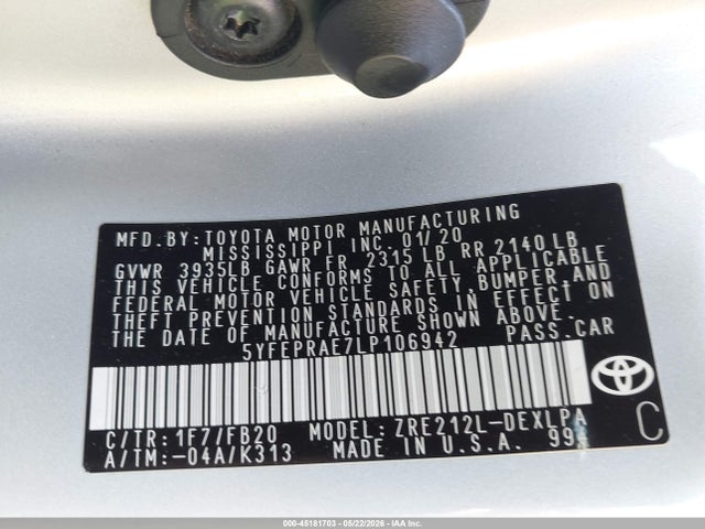 Aukcja sprzedaży 2020 Toyota Corolla Le, vin: 5YFEPRAE7LP106942, numer aukcji: 45181703