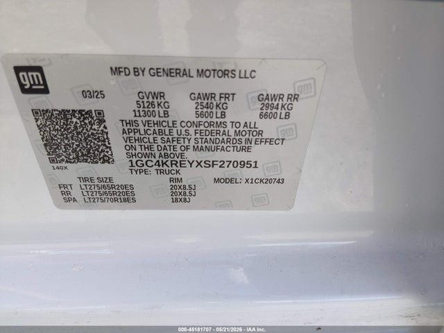 Продаж на аукціоні авто 2025 Chevrolet Silverado 2500hd 4wd  Standard Bed High Country, vin: 1GC4KREYXSF270951, номер лоту: 45181707